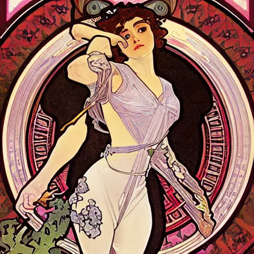 Image similar to battle angel, painted by alphonse mucha