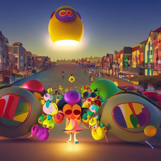 Prompt: beautiful katamari game, disney movie encanto, walking through the city, very busy city, cartoon pixar style, anime volumetric lighting, 3d model pixar render