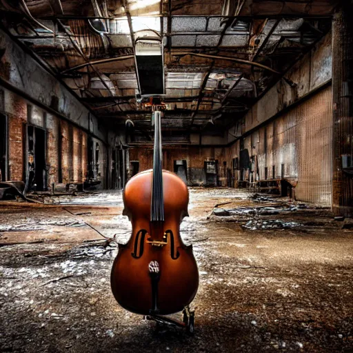 Prompt: abandoned steampunk factory with a cello, cinematic light,