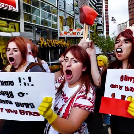 Prompt: angry hamburgers protesting outside mcdonalds