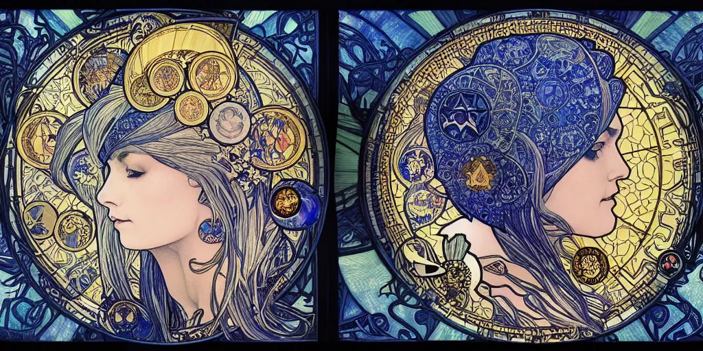 Prompt: the longest night, cloaked dark night, astronomical star constellations and watch gears, traditional moon and candle and tattoo, awardwinning art by alphonse mucha and sana takeda and alex grey, handsome face and beautiful face, maiden and crone, ultramarine blue and gold, intricate stained glass