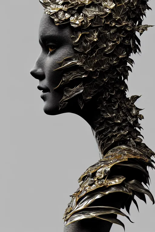 Image similar to close - up profile face, black background, beautiful young porcelain vegetal - dragon - cyborg - female, 1 5 0 mm, beautiful natural soft rim light, silver gold details, magnolia leaves and stems, roots, mandelbot fractal, elegant, hyper real, ultra detailed, white metallic armour, octane render, 1 6 k