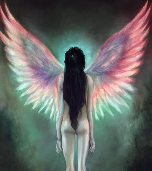 Image similar to the pale decaying beautiful girl with the most evil glowing wings, evil realm painting