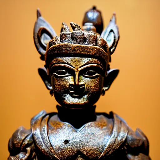 Image similar to photo of fragmented Bronze Babylonian sculpture of Goku made of Bronze, Bronze!! (EOS 5DS R, ISO100, f/8, 1/125, 84mm, postprocessed, crisp face, facial features)