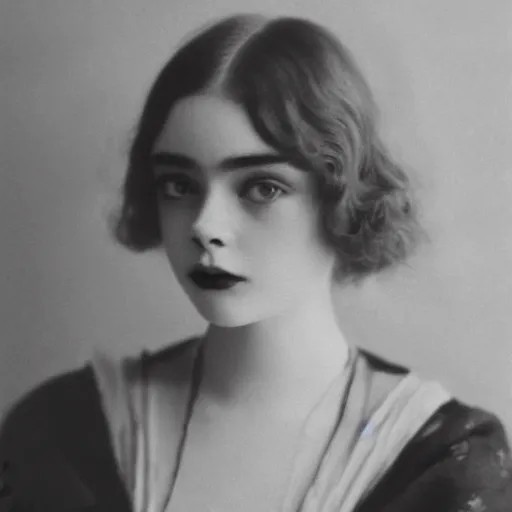 Image similar to headshot edwardian photograph of elle fanning, lily collins, barbara palvin, 1 9 2 0 s film actress, realistic face, 1 9 1 0 s, grainy, victorian, detailed, soft blur