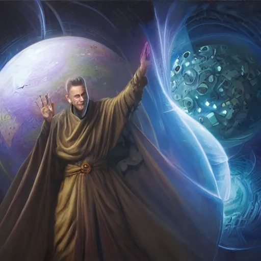 Image similar to the creator of worlds wearing a cloak and holding a holographic planet projection in his hand, detailed, sci - fi, digital painting, artstation, sharp focus, illustration, ominous, artgerm, tomasz alen kopera, peter mohrbacher, donato giancola, joseph christian leyendecker, wlop, frank frazetta