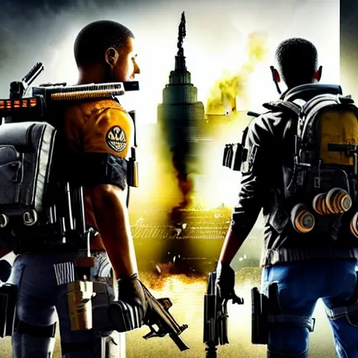 Image similar to the division 2 poster set in an apocalyptic los angeles, agent standing with a gun in the foreground, cinematic, 4 k