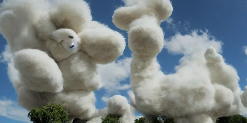 Prompt: fluffy clouds shaped like animals.