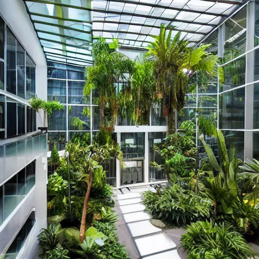 Prompt: The atrium of a contemporary building filled with tropical plants, 4k