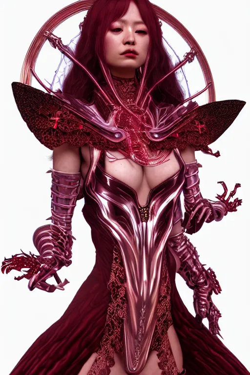 Prompt: highly detailed artstation character design of armor witch 8 k metahuman, hajime sorayama, red long wavy red velvet rose wrap, lace dress, terada katsuya, clear symmetrical face, game assets, swarovski, unreal engine, sharp focus, jewelry iridescent, illustration, alphonse mucha