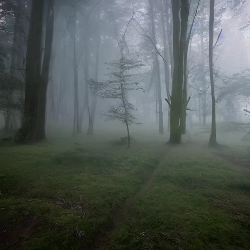 Prompt: giant amethyst crystals in a clearing in a haunted misty woodland, gloomy night sky, fog, ethereal, muted pastel tones, david attenborough nature documentry footage, ultra high definition, 8 k