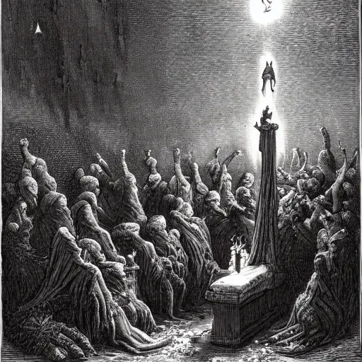 Prompt: patrick star sacrifices squidward at the altar by gustave dore james gurney artstation