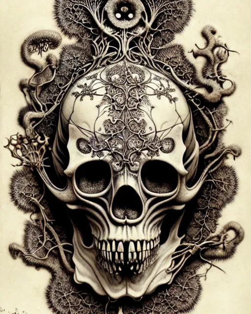 Image similar to art forms of nature by ernst haeckel, memento mori by arthur rackham, ornate antique porcelain beautiful skull mask, ultrasharp, photorealistic, hyperdetailed, octane render, polished, art nouveau, neo - gothic, gothic, intricate ornamental organic filigree, art nouveau botanicals, art forms of nature by ernst haeckel, horizontal symmetry, symbolist, visionary