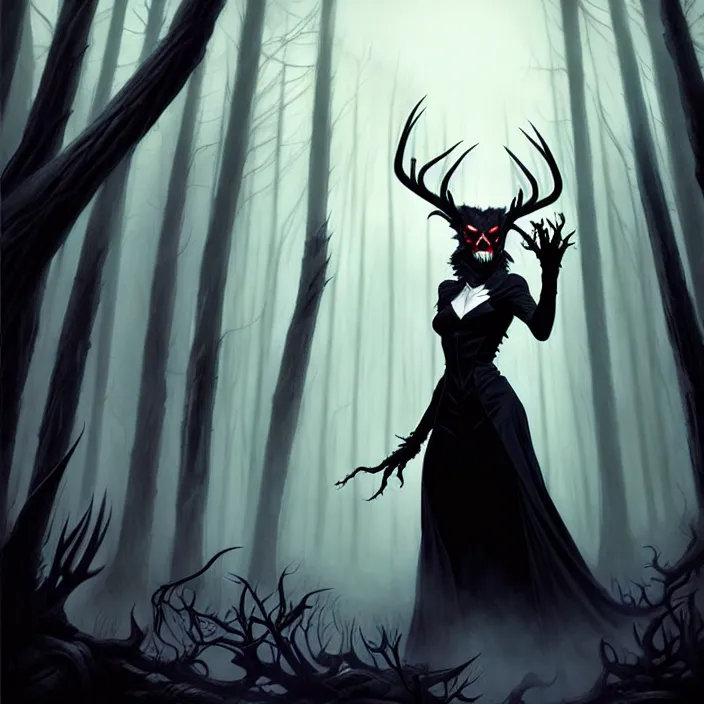 Prompt: style artgerm, joshua middleton, diego fazio, gerald brom, scary wendigo with antlers and skull face mixed with werewolf, beautiful witch wearing a black dress on the right side, in the forest, detailed, dark and foggy, cinematic lighting