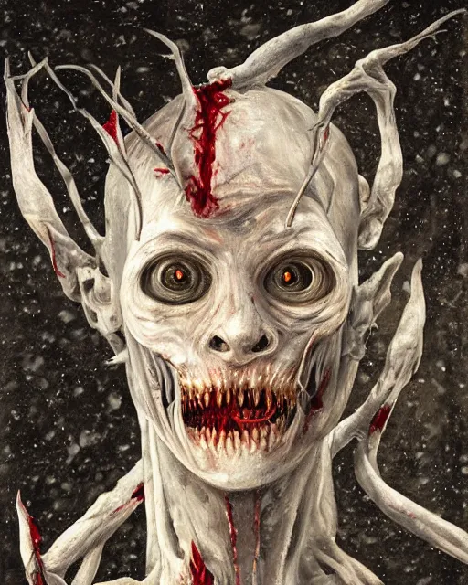 Image similar to Horrifying detailed painting of a pale, emaciated humanoid creature. It has sharp teeth and claws with pale milky eyes; snow, woods, blood; dark cinematic lighting, hyper detailed, moody