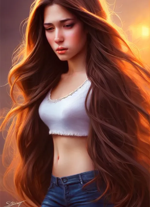 Prompt: a gorgeous female with long brown hair in the style of stefan kostic, realistic, full body shot, wide angle, sharp focus, 8 k high definition, insanely detailed, intricate, elegant, art by stanley lau and artgerm, floating embers