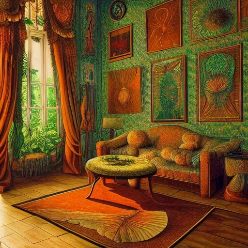 Image similar to room interior with furniture, art forms in nature, inspired by ernst haeckel, morning light, intricate high details, sharp, ultradetailed
