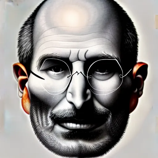 Image similar to apples arranged in the shape of a face resembling steve jobs, fantasy, intricate, elegant, highly detailed, lifelike, photorealistic, digital painting, artstation, illustration, smooth, sharp focus, art by giuseppe arcimboldo