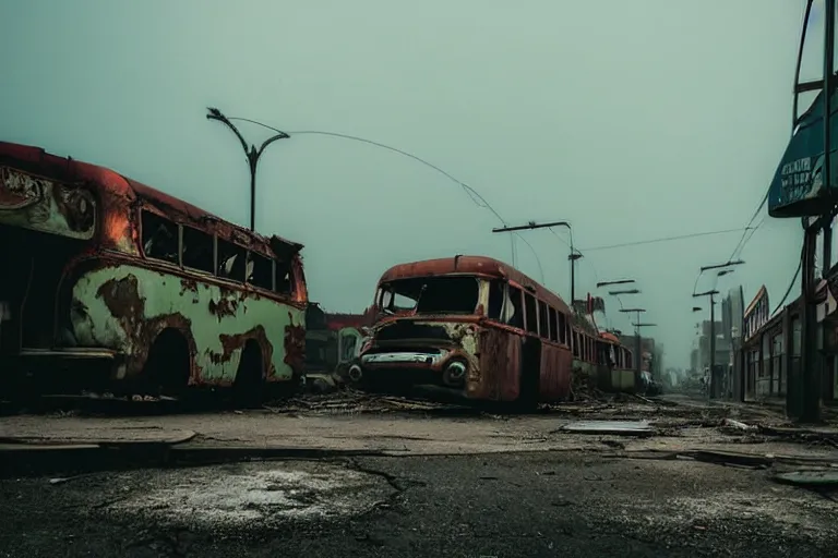 Prompt: low wide angle shot of dilapidated fallout 5, desolate rugged street, dilapidated neon signs, few rusted retro futuristic vintage parked vehicles like cars, ( ( buses, trucks, trams ) ), volumetric lighting, photorealistic, foggy, early evening, winter, sharp focus, ultra detailed, 4 0 0 0 k