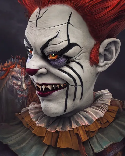 Prompt: an epic fantasy comic book style portrait painting from pennywise mixed with spiderman, character design by mark ryden and pixar and hayao miyazaki, unreal 5, daz, hyperrealistic, octane render, cosplay, rpg portrait, dynamic lighting, intricate detail, summer vibrancy, cinematic