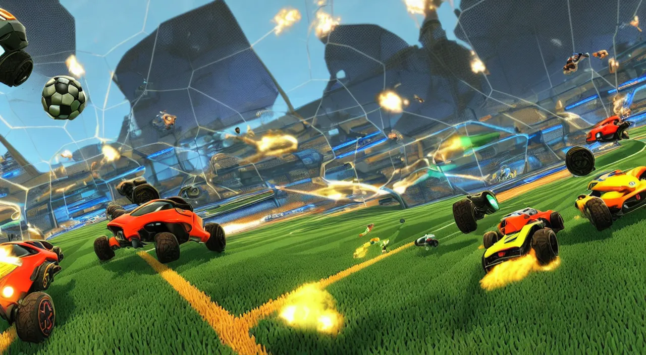 Image similar to a game of rocket league where the main characters from gta v are wandering across the field