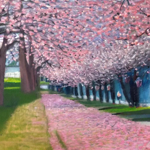 Prompt: an impressionist painting of cherry trees blossoming on the sidewalk
