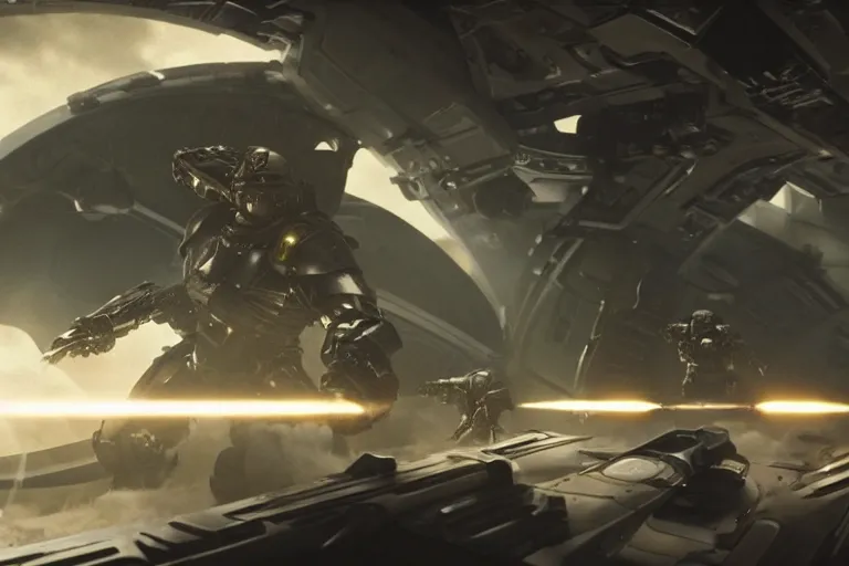 Image similar to VFX movie of a futuristic inhuman alien spacemarines in future spaceship, firing gun at space pirates detailed surface cinematic lighting by Emmanuel Lubezki