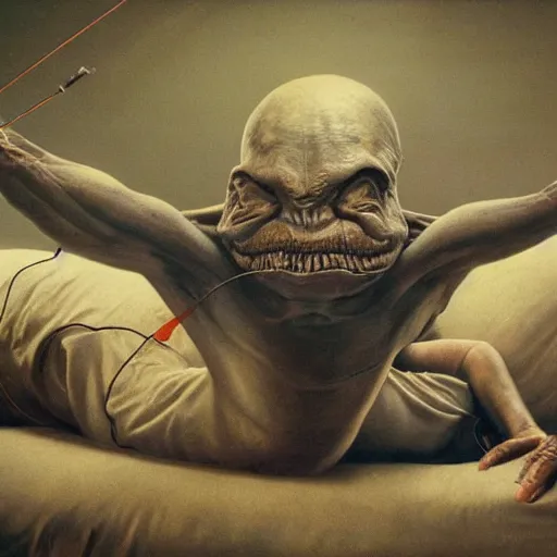 Prompt: an alien conducting experiments on a politician lying on a hospital bed, beksinski, dariusz zawadzki, very coherent symmetrical artwork, cinematic, hyper realism, high detail, octane render, 8 k