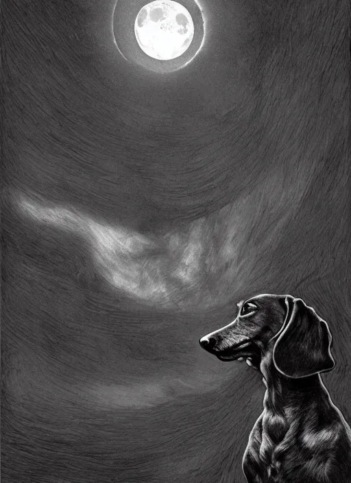 Image similar to a dachshund howling at the moon dark colors, sinister atmosphere, dramatic lighting, cinematic, establishing shot, extremely high detail, photo realistic, cinematic lighting, pen and ink, intricate line drawings, by Yoshitaka Amano, Ruan Jia, Kentaro Miura, Artgerm, post processed, concept art, artstation, matte painting, style by eddie mendoza, raphael lacoste, alex ross