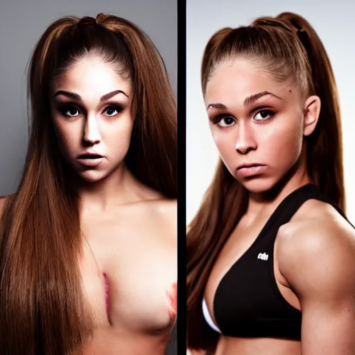 Prompt: full Portrait photography of someone who has the face of Ariana Grande, the body of Ronda Rousey