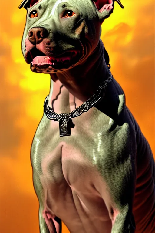 Prompt: clear portrait of a pitbull terrier, cottagecore!!, background hyper detailed, character concept, full body, dynamic pose, glowing lights!! intricate, elegant, highly detailed, digital painting, artstation, concept art, smooth, sharp focus, illustration, art by artgerm and greg rutkowski and alphonse mucha