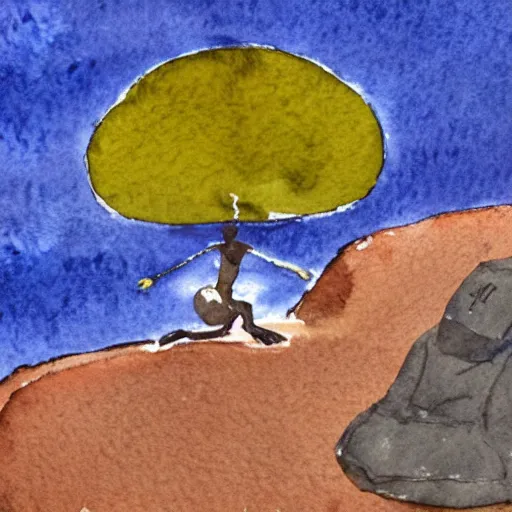 Image similar to rainy watercolor of sisyphus sitting on his boulder