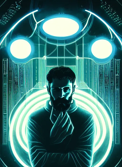 Image similar to symmetry!! 1 3 mm film portrait of bearded man, sci - fi -, cyberpunk, blade runner, glowing lights, tech, biotech, techwear!! intricate, elegant, highly detailed, digital painting, artstation, concept art, smooth, sharp focus, illustration, art by artgerm and greg rutkowski and alphonse mucha, grain, old photograph