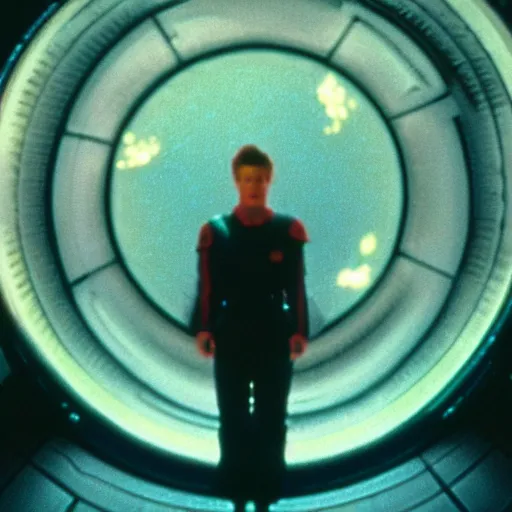 Image similar to film still of David Bowie as David Bowman in 2001 a space odyssey, 4k