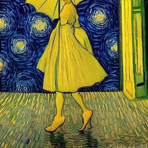 Image similar to girl with an umbrella girl with an umbrella. a walk inside a van gogh painting is a starry night. inside the painting. see everything from the inside. clearly detailed. dramatic.