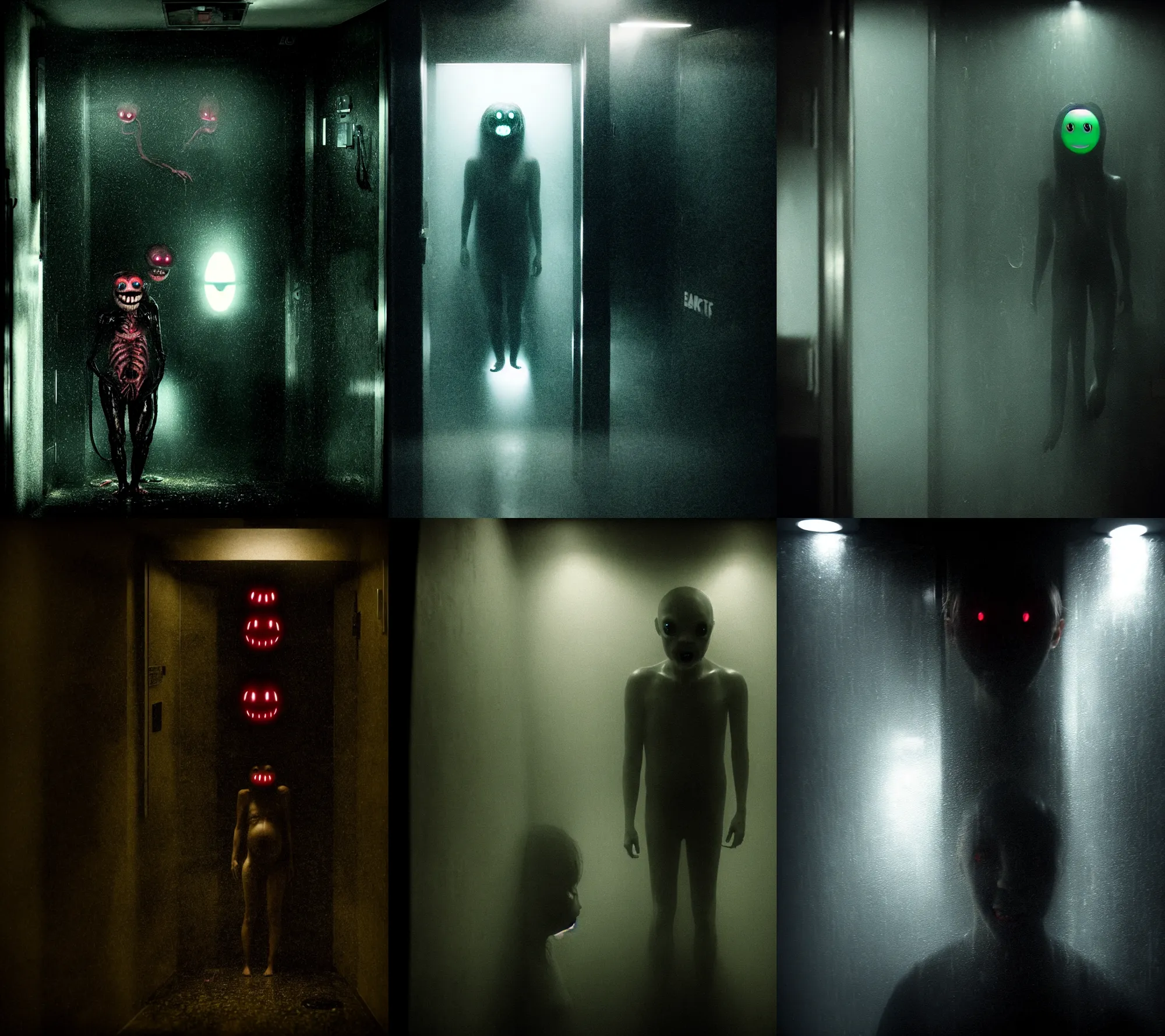 Prompt: in the dark elevator, one wet skin creature with glowing eyes, crawling humanoid monsters, smile face, very light mist, octane rendering, cinematic light. medium shot, 2 4 mm, david fincher, james wan, gritty, moody, eerie, dark artslabcoats, sci - fi equipment, saliva, membrane pregnancy sac, respiratory flap, super realism, claws