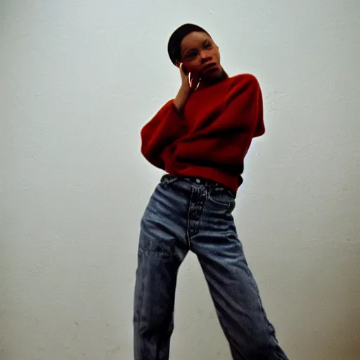 Image similar to realistic! photoshoot for a new vetements lookbook, color film photography, portrait of a beautiful woman, in style of tyler mitchell, 35mm