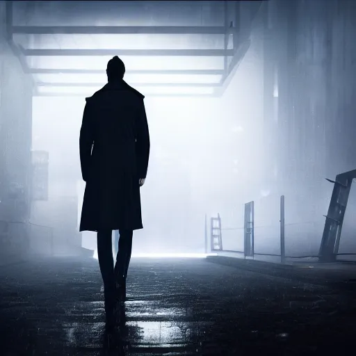 Image similar to ONE SINGLE detective in trench coat looking away from the camera, cyberpunk, futuristic, technology , cinematic lighting, depth of field, highly detailed, volumetric fog, dark, moody, gritty, rain, neon lights