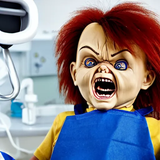 Image similar to chucky doll screaming at the dentist office while getting teeth cleaned