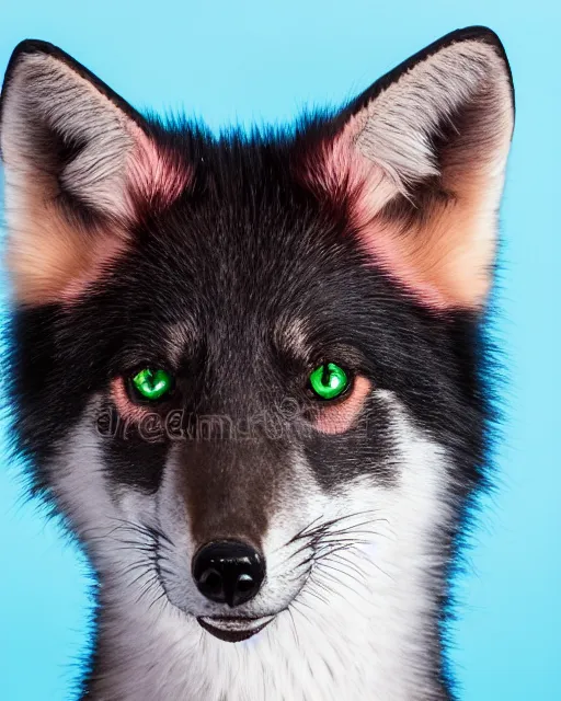 Image similar to black pink green blue white fox looking into the camera, portrait, blue background, 8 k, 8 5 mm f 1. 8