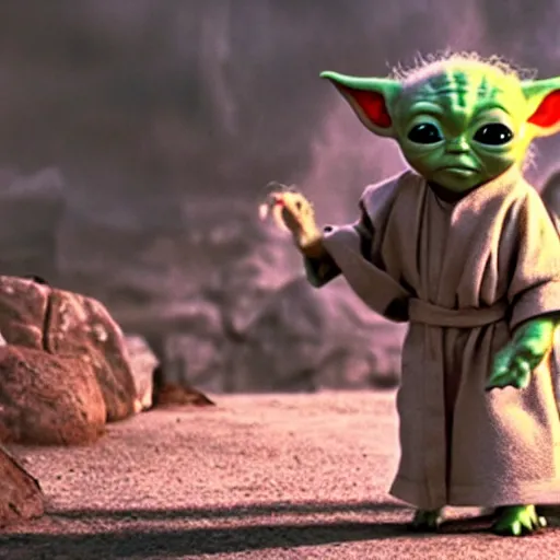 Prompt: A film still of Baby Yoda as a apocalyptic fully trained jedi realistic,detailed