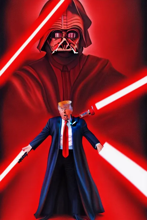 Prompt: Donald Trump as a Sith from Star Wars, red light saber, realistic portrait, symmetrical, highly detailed, digital painting, sharp focus, cinematic lighting