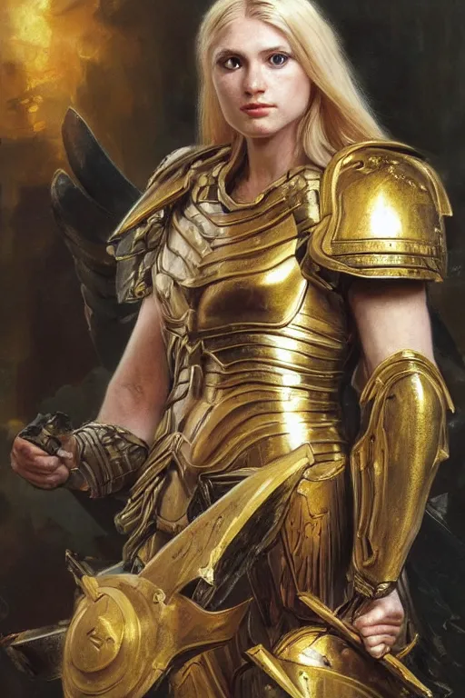 Prompt: a beautiful valkyrie , half body portrait, blond hair, heavy gold armour, realistic oil painting by Thomas Cole and Wayne Barlowe and Boris Valejo