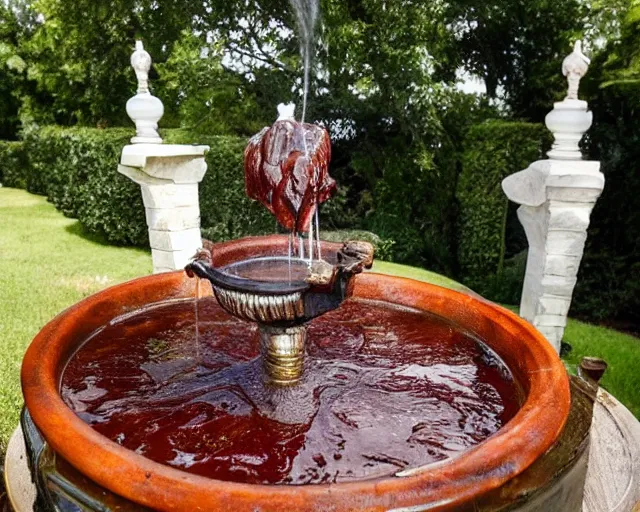 Prompt: incredibly beautiful ornate gravy fountain brimming with rich beefy gravy, in the grounds of a fried mansion in Louisiana