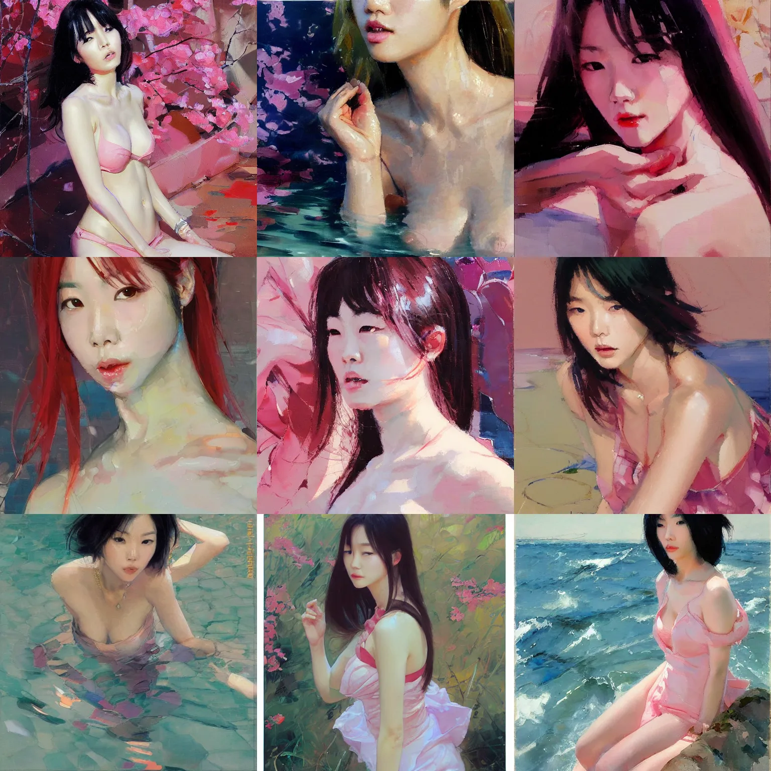 Prompt: lee jin - eun emerging from pink water by michael garmash and katsuhiro otomo, rule of thirds, seductive look, beautiful