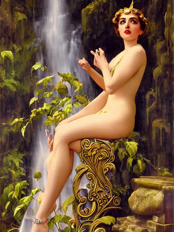 Prompt: Ana de armas as the Roman goddess of the waterfall, a beautiful art nouveau portrait by Gil elvgren, Roman temple environment, centered composition, defined features, golden ratio, gold jewlery, photorealistic professional lighting, cinematic