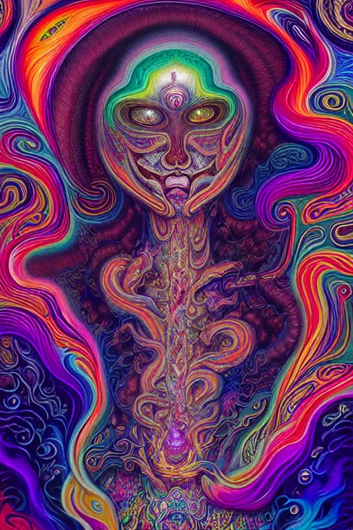 Image similar to colorful liquid smoke and clouds forming detailed faces, extremely colorful psychedelic experience, dmt, psilocybin, lsd, intricate, elegant, highly detailed, digital painting, artstation, smooth, sharp focus, illustration, art by alex grey, hana yata, beeple, josephine wall, octane render, unreal engine, 8 k