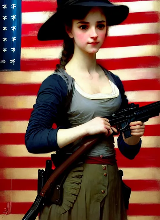 Image similar to character concept portrait of girl with an american flag in one hand and a rifle in one hand, victorian, intricate, elegant, digital painting, concept art, smooth, sharp focus, illustration, by Ruan Jia and Mandy Jurgens and William-Adolphe Bouguereau, Artgerm