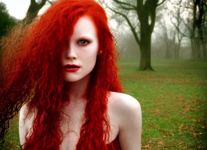 Image similar to award winning 3 5 mm close up face portrait photo of a redhead with blood - red wavy hair and intricate dragon eyes in a park by luis royo