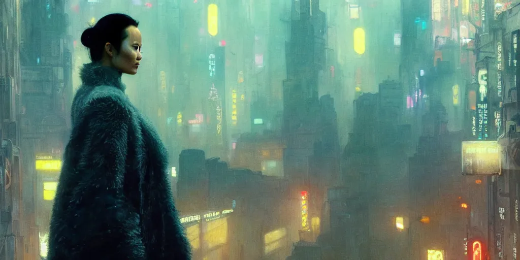 Image similar to 2 0 1 8 blade runner movie still jamie chung look at the cityscape from roof matrix perfect face fine realistic face pretty face neon puffy jacket blue futuristic sci - fi elegant by denis villeneuve tom anders zorn hans dragan bibin thoma greg rutkowski ismail inceoglu illustrated sand storm alphonse mucha